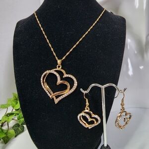 Gold Filled Double Heart Pendant Necklace  Earrings Set